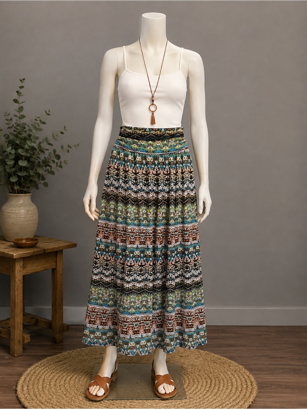 ALYX Women's Multicolor Geometric Boho Maxi Skirt Elastic Waist Stretch